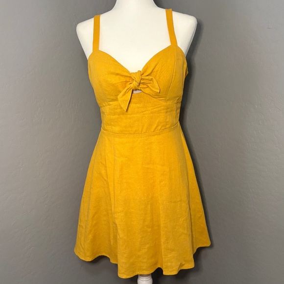 Speechless Yellow Mustard Sundress Tie knot Front Pockets Linen Blend Size Large - Picture 1 of 8